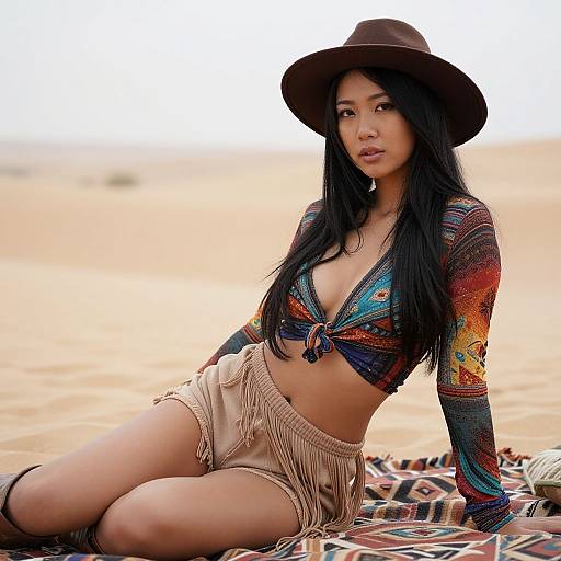 Photograph of an Asian woman with long black hair, wearing a brown hat, colorful knotted top, and beige fringe shorts, sitting on a pattern