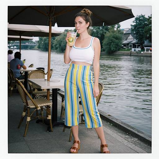 Photograph of a woman with a bun, wearing a white crop top and yellow-blue striped culottes, sipping a drink by a waterfront. She