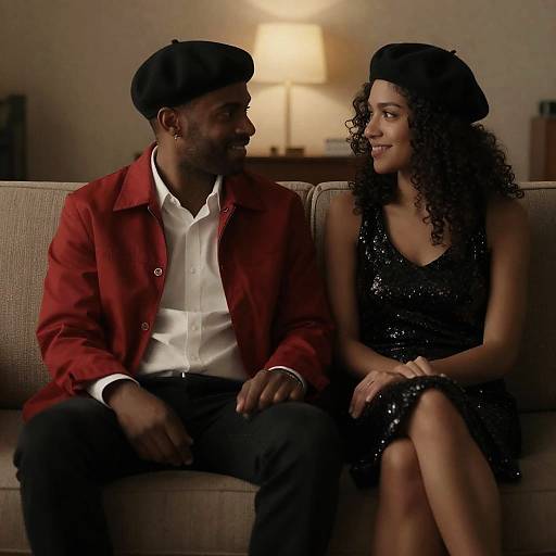 Couple in Berets Sitting on Couch