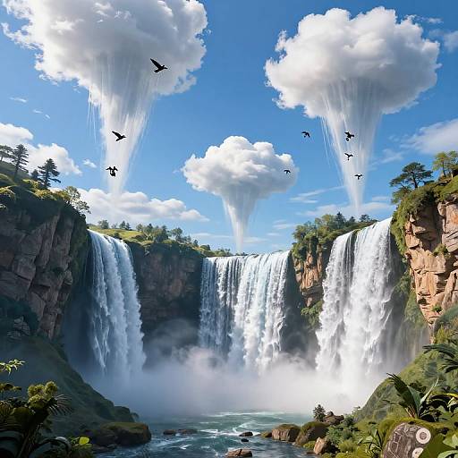Photorealistic digital artwork of twin waterfalls cascading from rocky cliffs into a misty river, with birds flying in a bright blue sky with fluffy