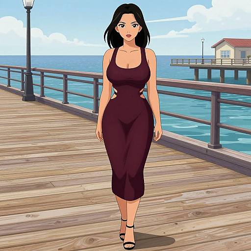Anime-style digital drawing of a black-haired woman in a form-fitting black dress walking on a wooden pier with ocean and sky background.