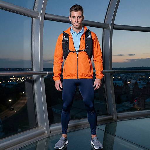 Photograph of a fit man with short brown hair, bearded, wearing an orange jacket, black leggings, and grey sneakers, standing in a modern