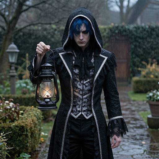 Mysterious gothic man with blue hair, black hooded coat, and lantern in rain, standing on a wet garden path. Photographic image.