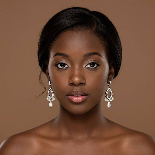 Photograph of a beautiful Black woman with dark skin, straight black hair, wearing silver teardrop earrings, and glossy pink lipstick, against a plain