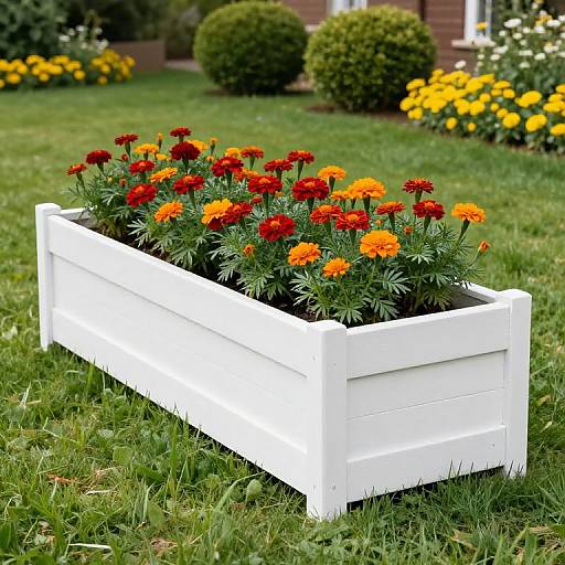 Photograph of a white wooden planter box filled with vibrant red and orange marigolds, set on a lush green lawn with yellow flowers and neatly