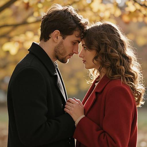 Photograph of a couple in an intimate, close embrace during autumn, with the man in a black coat and the woman in a red coat, g
