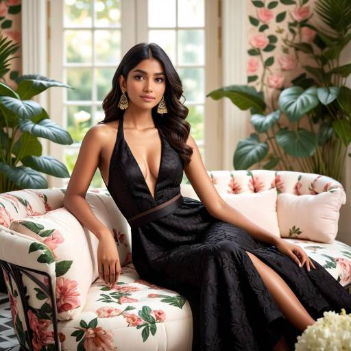 Woman in White Dress Sitting on Floral Sofa