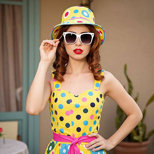 Retro Woman in Colorful Polka Dots