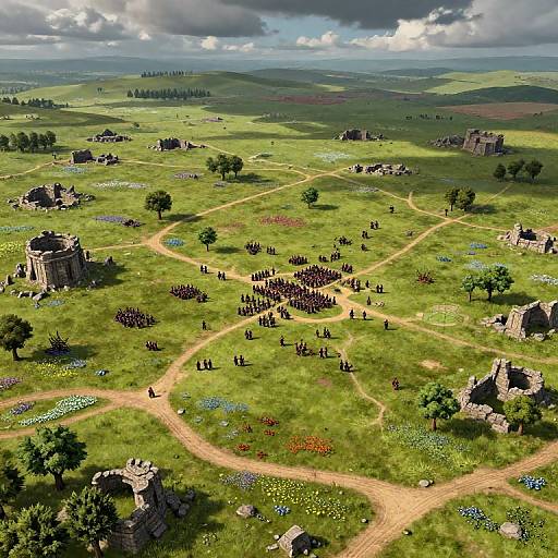 Digital artwork of a lush, green, medieval village landscape with scattered ruins, dirt paths, small groups of people, and colorful wildflowers under a cloudy