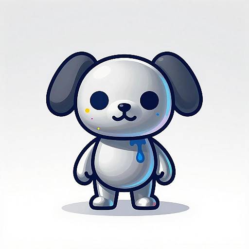 Cute digital cartoon dog with black ears, white body, blue nose and necktie, black eyes, simple smile, white background.