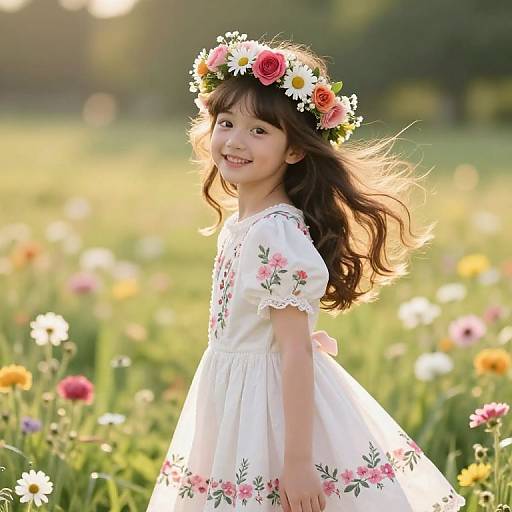 Photograph of a smiling Asian girl with long brown hair, wearing a white floral dress and flower crown, standing in a sunlit meadow filled with