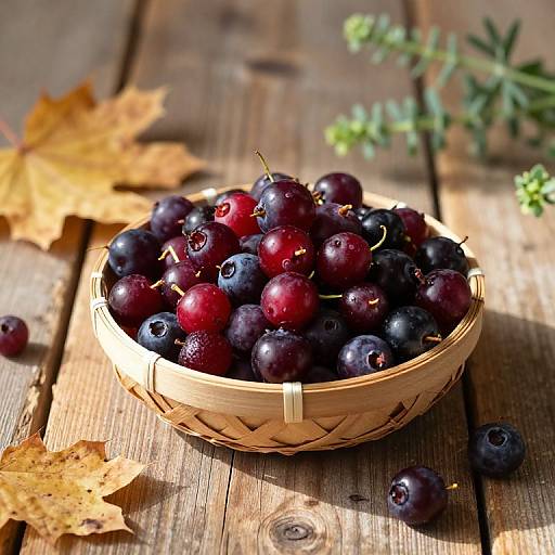 Photograph of a woven basket filled with red and black grapes, surrounded by autumn leaves on a rustic wooden table.