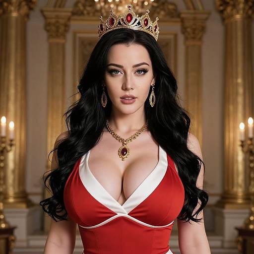 Photograph of a fair-skinned, black-haired woman with large breasts, wearing a red dress with white trim, gold crown, necklace, and earrings
