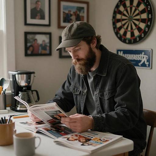 Bearded Man Reading in Home Kitchen