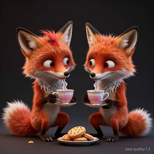 Digital illustration of two adorable, anthropomorphic red foxes with fluffy fur, drinking steaming tea, holding saucers, and sitting in front of