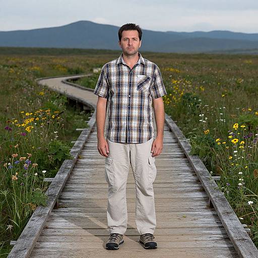 Photograph of a man with short brown hair, wearing a plaid shirt and white pants, standing on a wooden path through a colorful, wildflower