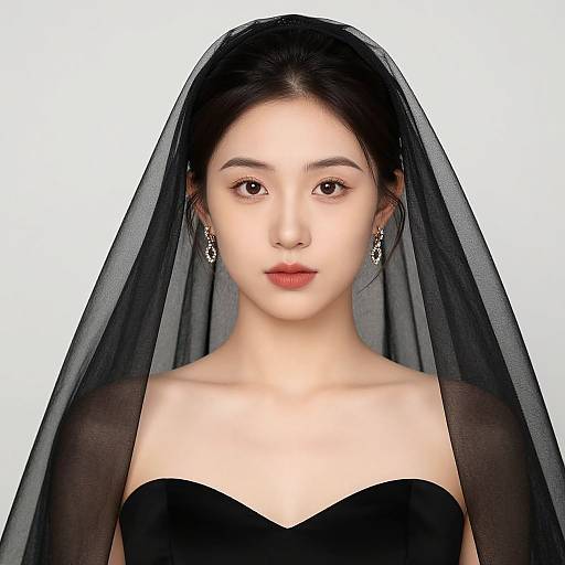 Photograph of an Asian woman with fair skin, black hair, red lips, wearing a black strapless dress, black veil, and silver earrings,
