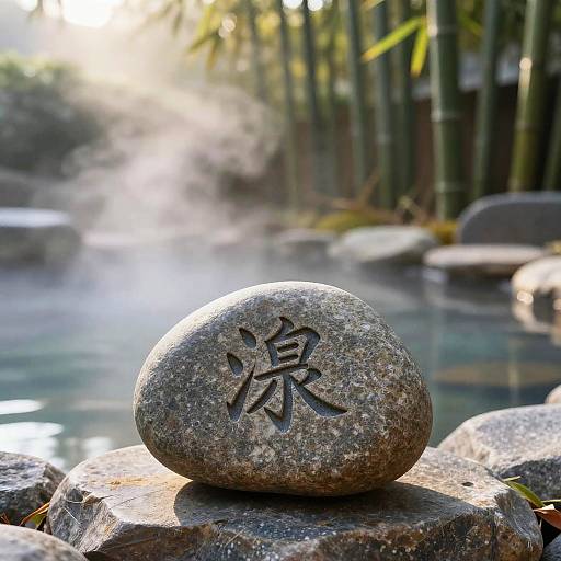 Photograph of a smooth, grey stone with a carved Japanese kanji symbol, resting on a rock by a misty bamboo pond.