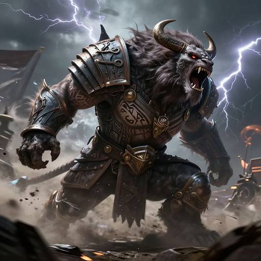 Digital fantasy artwork of a fierce, muscular minotaur warrior with dark fur, sharp horns, glowing red eyes, and lightning bolts. Wearing intricate