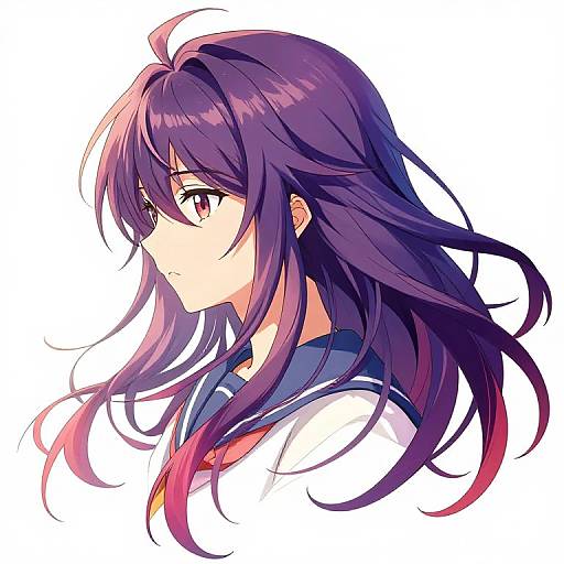 Anime-style digital drawing of a young girl with long purple hair, red eyes, wearing a blue and white school uniform, looking to the side with a