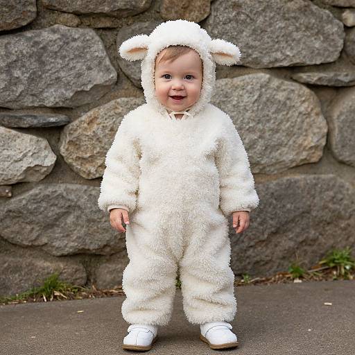 Photograph of a chubby, smiling baby in a fluffy white bunny costume with ears, standing on a paved surface against a stone wall.