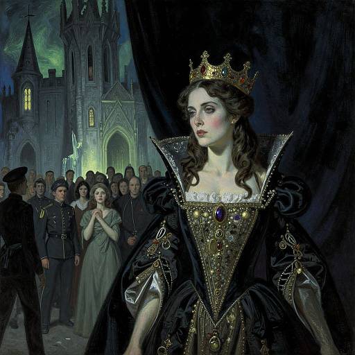 Digital painting of a fair-skinned queen with a golden crown, black velvet gown, and intricate gold embroidery, standing before a Gothic castle and crowd in