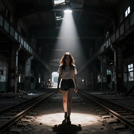 Girl Walking Through Abandoned Train Station Ruins