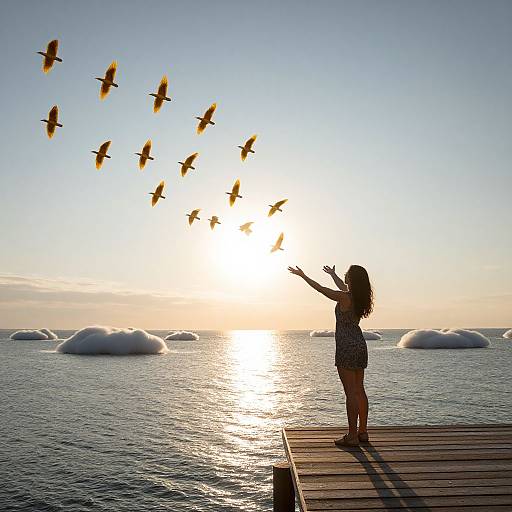 Woman Embracing Golden Birds