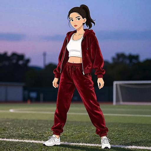 Athletic Female in Red Velvet Tracksuit on Soccer Field