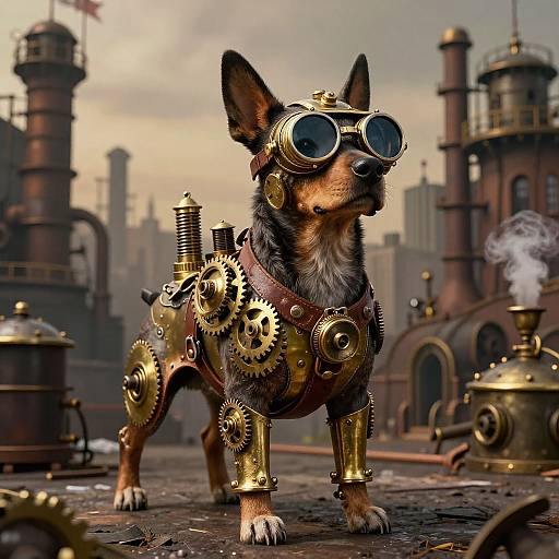 Steampunk Chihuahua with gold gears, brass fixtures, and goggles stands on a industrial rooftop, surrounded by steam pipes and factory towers.