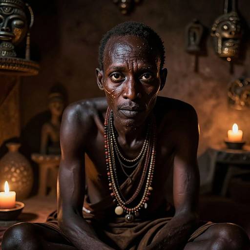 Photograph of a solemn, shirtless, dark-skinned African man with short hair, wearing multiple bead necklaces, seated in a dimly lit