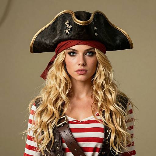 Photograph of a blonde woman with wavy hair, wearing a black pirate hat with a white skull emblem, red headband, striped red and white