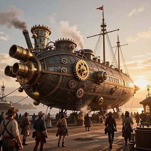 Steampunk Airship at Bustling Skyport