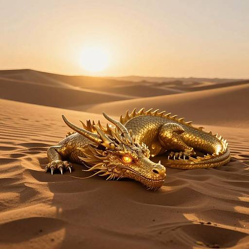 Photograph of a golden dragon with glowing eyes, lying on sunlit, rippled desert sand during sunset, casting warm, golden light.