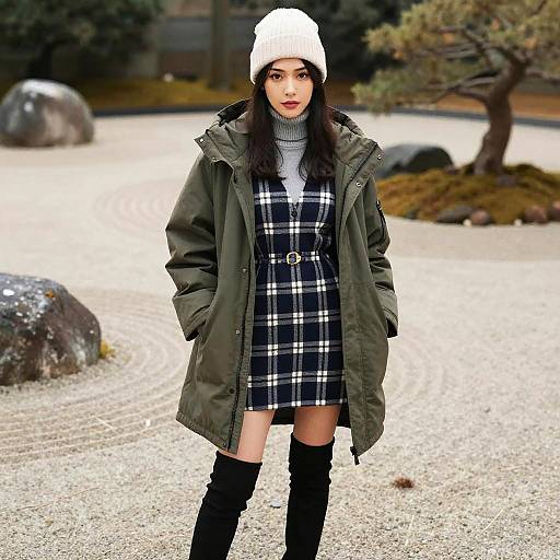 Photograph of an Asian woman with long black hair, wearing a white beanie, green coat, black plaid dress, gray turtleneck,