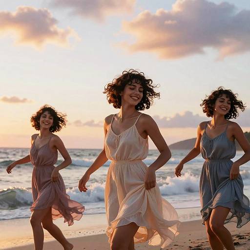 Three curly-haired women in flowing dresses run joyfully on a beach at sunset, waves crashing in the background. Photorealistic photograph.