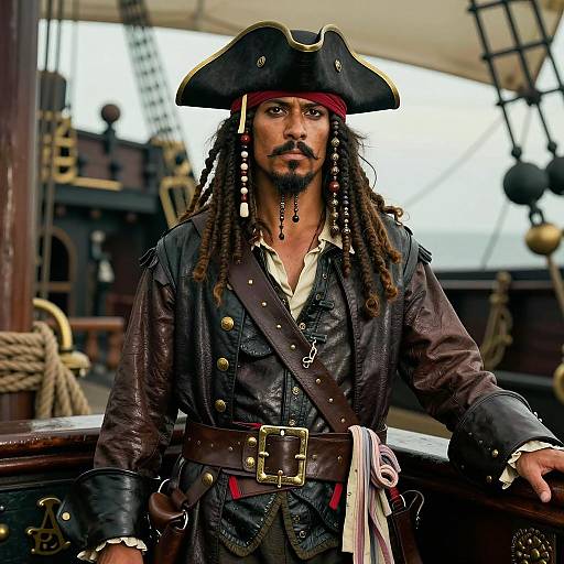 Man in Black Pirate Costume on Ship