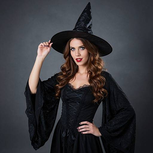 Photograph of a fair-skinned woman with wavy brown hair, wearing a black witch hat and dress, against a dark gray background. She holds