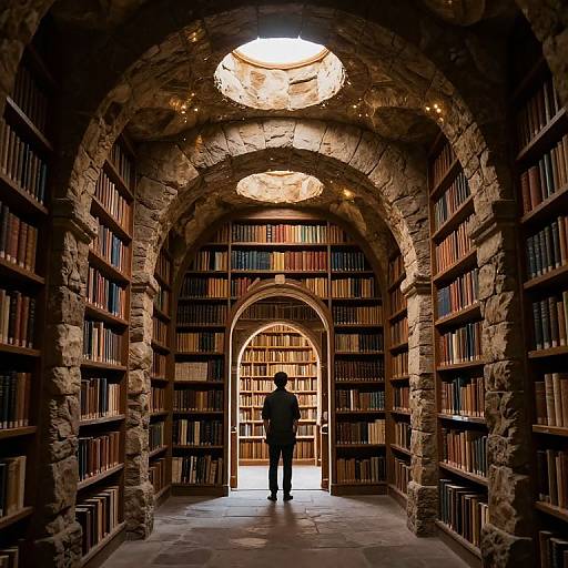 Photograph of a person in silhouette standing in a dimly lit, arched stone library with bookshelves on both sides, sunlight streaming through circular