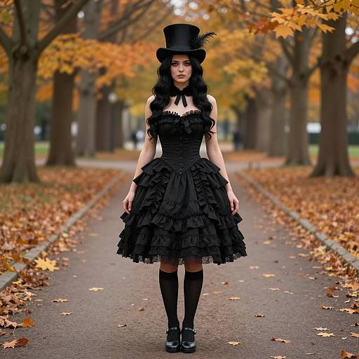 Woman in Black Victorian Dress and Top Hat in Autumn Park