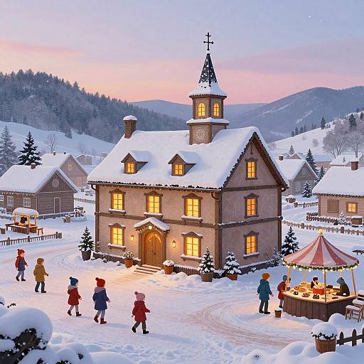 Photograph of a snowy village at sunset, featuring a warmly lit church with glowing windows, children playing, and a festive market stall.