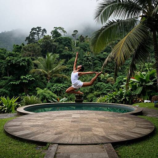 Photograph of a man in a white tank top and shorts, jumping high in a circular pool, surrounded by lush tropical foliage and palm trees, with