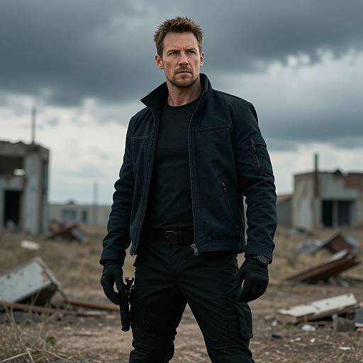 Photograph of a serious, rugged man with short, spiked brown hair, wearing a black jacket, gloves, and black shirt, standing in a ruined