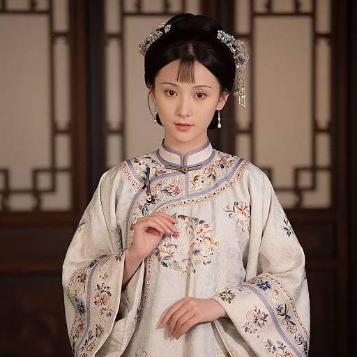 Photograph of an Asian woman with fair skin, black hair in an updo adorned with silver jewelry, wearing an ornate white floral silk cheongs