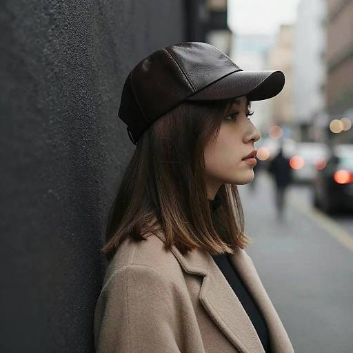 Photograph of a young woman with straight brown hair, wearing a black leather cap and beige coat, standing against a dark wall on a blurred city street
