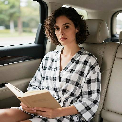 Woman in Plaid Robe in Car