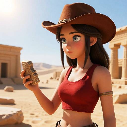 Digital illustration of a wide-eyed anime girl with black hair, wearing a brown cowboy hat and red crop top, holding a gold-patterned gun in a