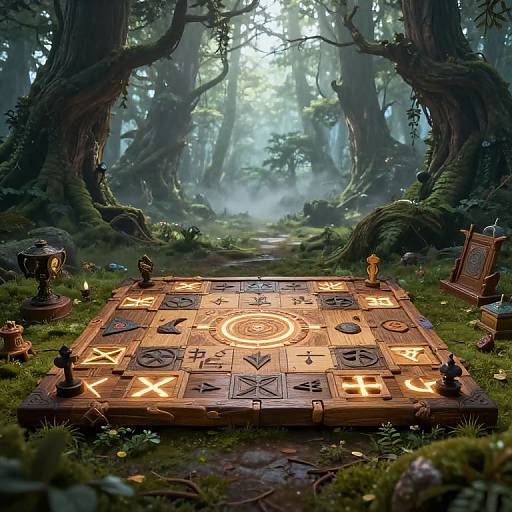 Fantasy forest scene with glowing, ancient wooden magical chessboard set on mossy ground, surrounded by lanterns, statues, and misty trees.