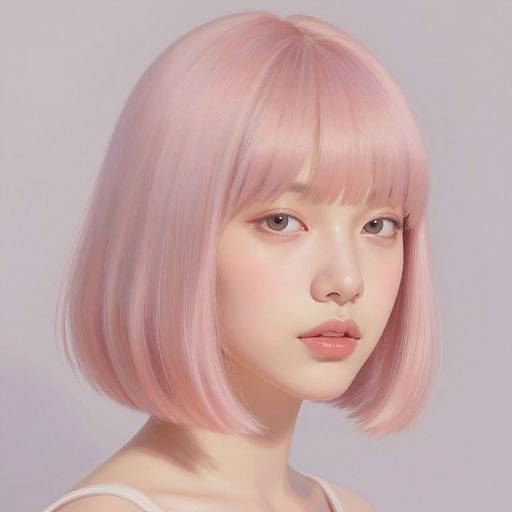 Digital portrait of an East Asian woman with pastel pink bob haircut, soft pink lips, and fair skin, wearing a white top.