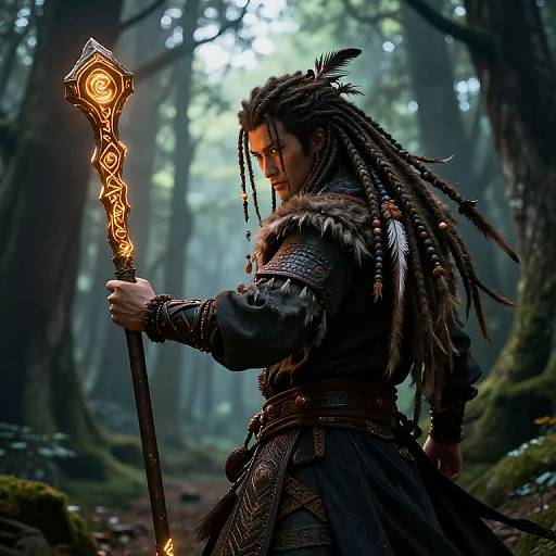 Digital fantasy artwork of a dark-skinned, dreadlocked warrior with glowing staff in a misty forest, wearing fur-trimmed, ornate armor